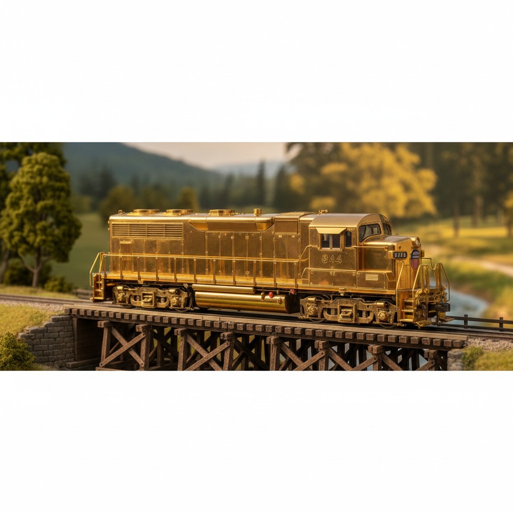 A model train with gold paint sits quietly on a train crossing trestle, harmoniously married to the landscape background w...
