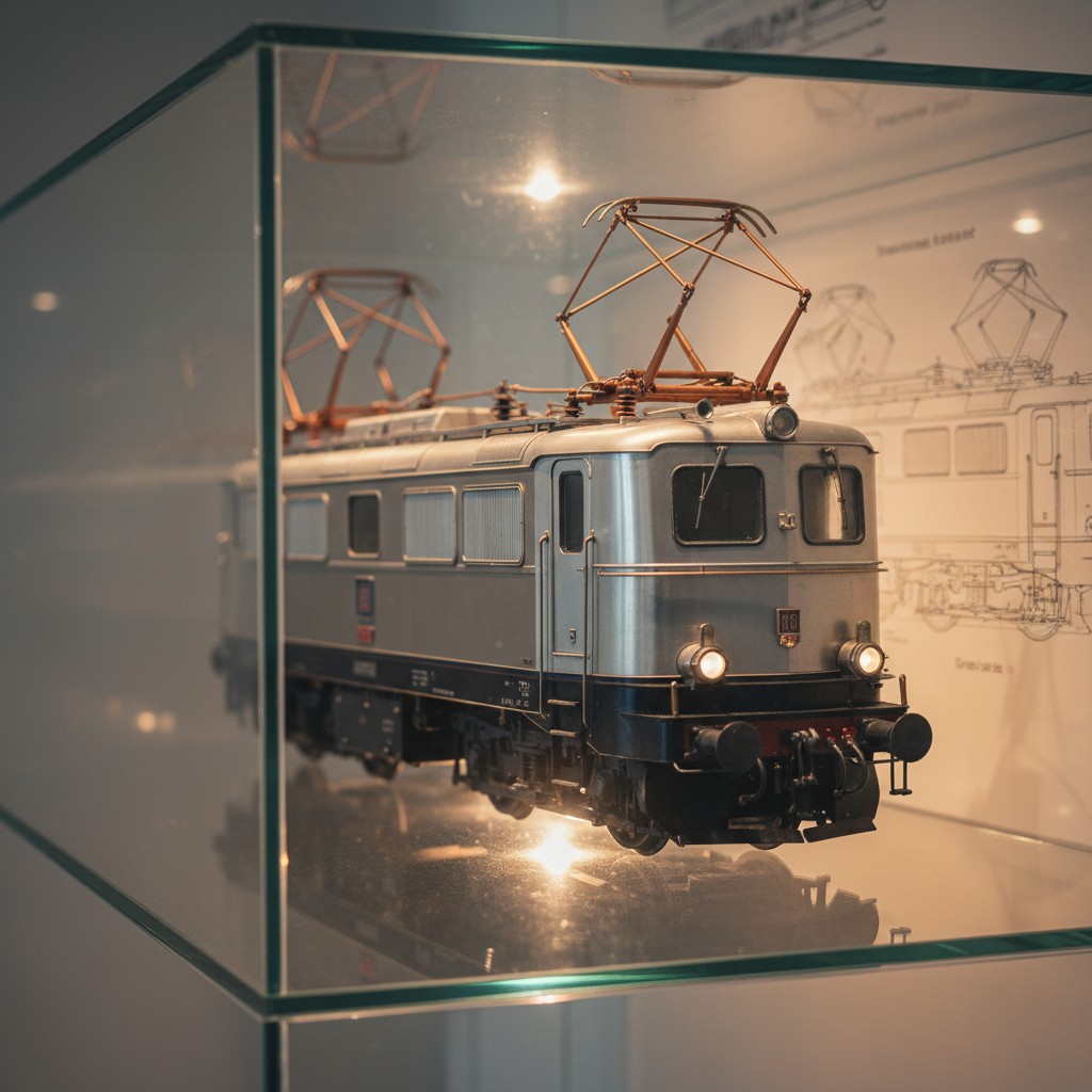 A model train of metal and copper set in a display case, facing straight ahead. Inside the case, the train's front is visi...