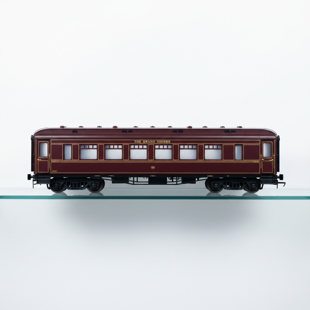 The image depicts a red train car with the words "THE GRAND TOURER" emblazoned on its side, set against a solid white back...
