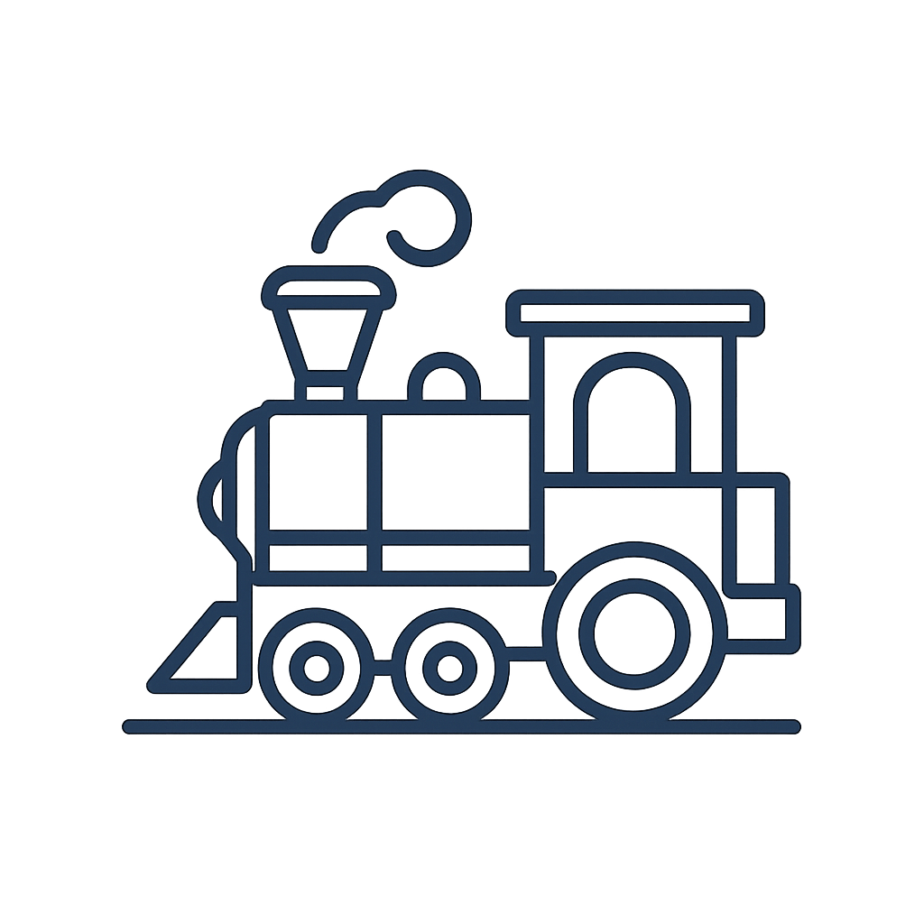 A blue silhouette of a train with steam coming out of the chimney.